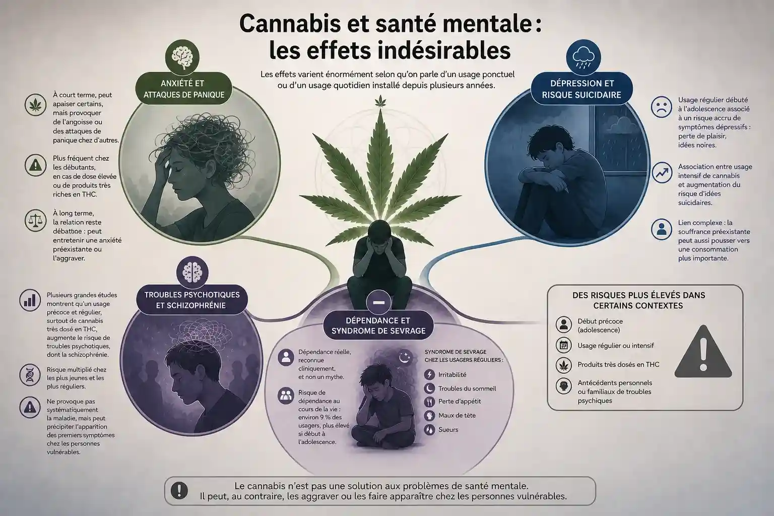 Cannabis et santé mentale : les effets indésirables selon la science Infographie sur les effets indésirables du cannabis pour la santé mentale : anxiété, dépression, troubles psychotiques et dépendance