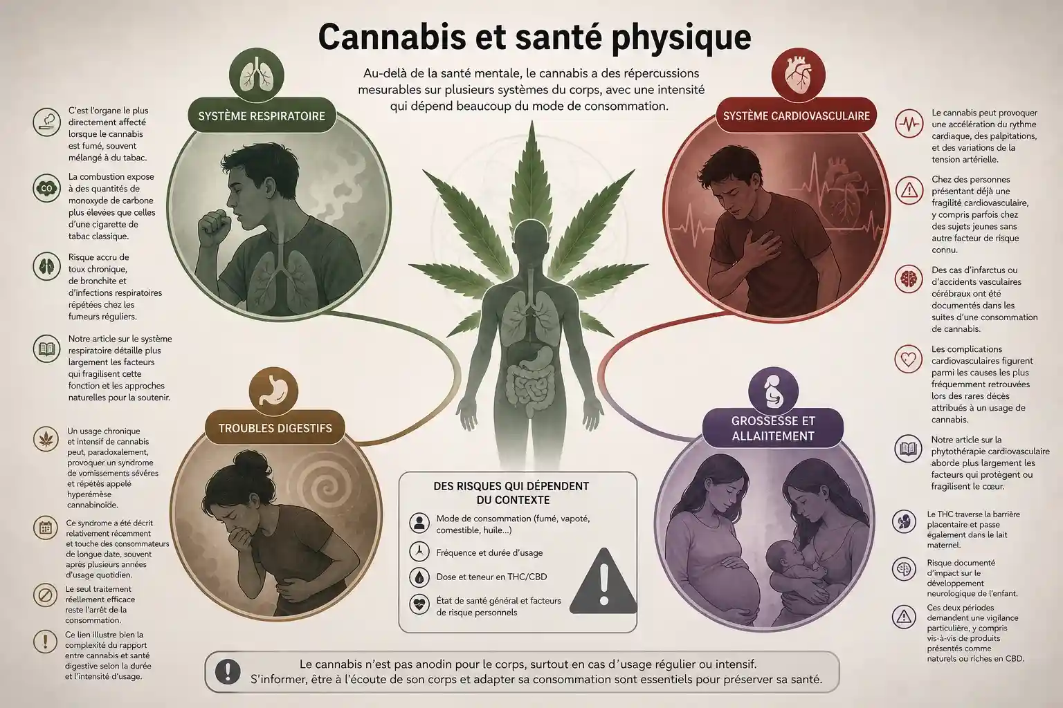 Cannabis et santé physique : effets sur le système respiratoire et cardiovasculaire Illustration sobre du lien entre cannabis et santé physique, poumons et système cardiovasculaire