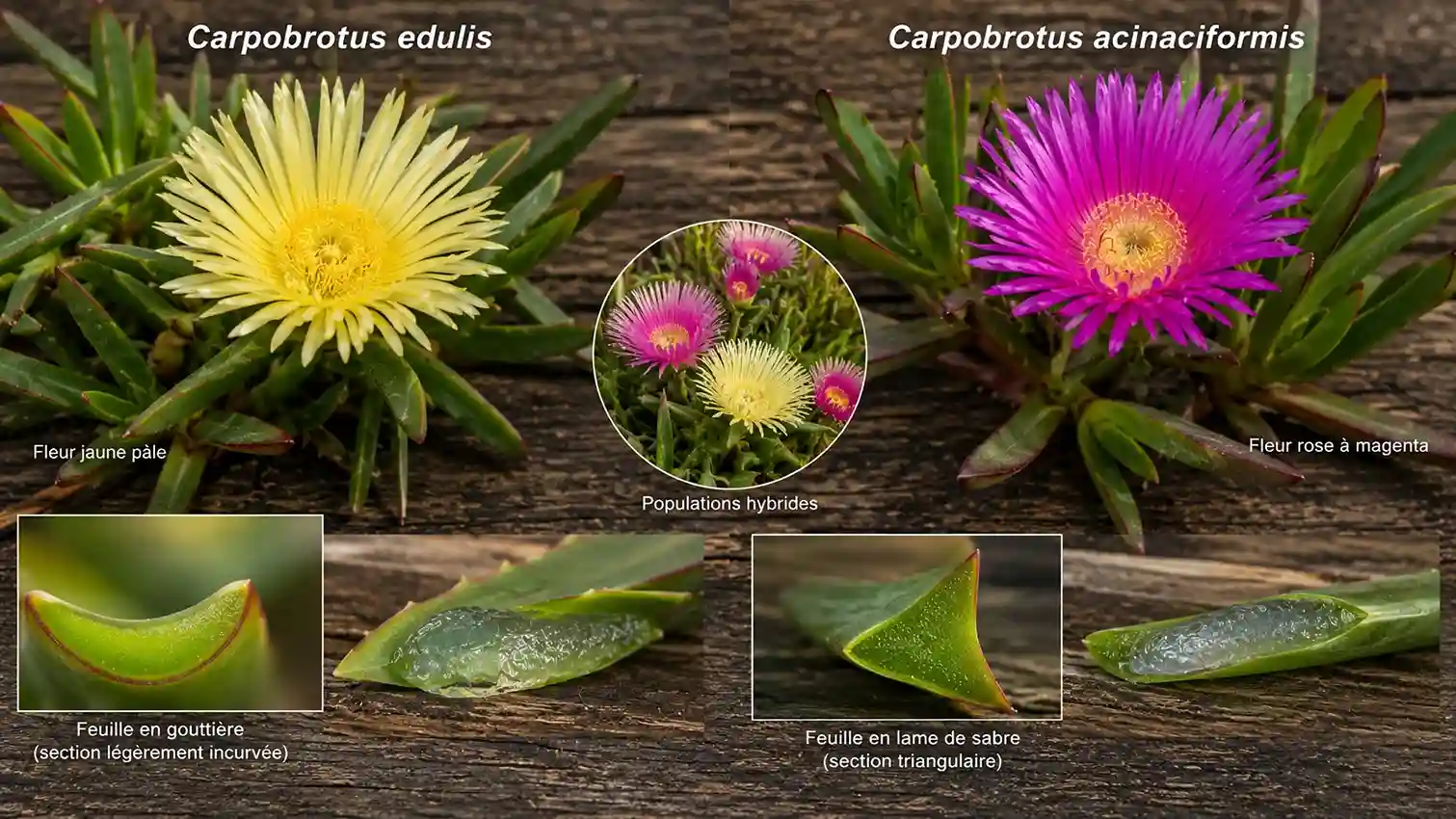 Carpobrotus edulis et Carpobrotus acinaciformis : deux espèces voisines Comparaison de Carpobrotus edulis et Carpobrotus acinaciformis, deux espèces de griffes de sorcière aux fleurs et feuilles différentes