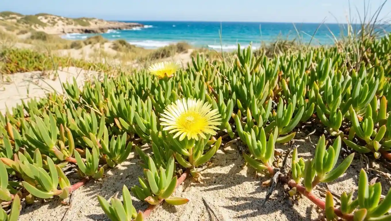 Griffe de sorcière Carpobrotus edulis — bienfaits, usages et statut d'espèce envahissante Griffe de sorcière (Carpobrotus edulis) : tiges rampantes aux feuilles triangulaires charnues et grande fleur jaune pâle, colonisant les dunes côtières méditerranéennes — plante médicinale traditionnelle et espèce envahissante