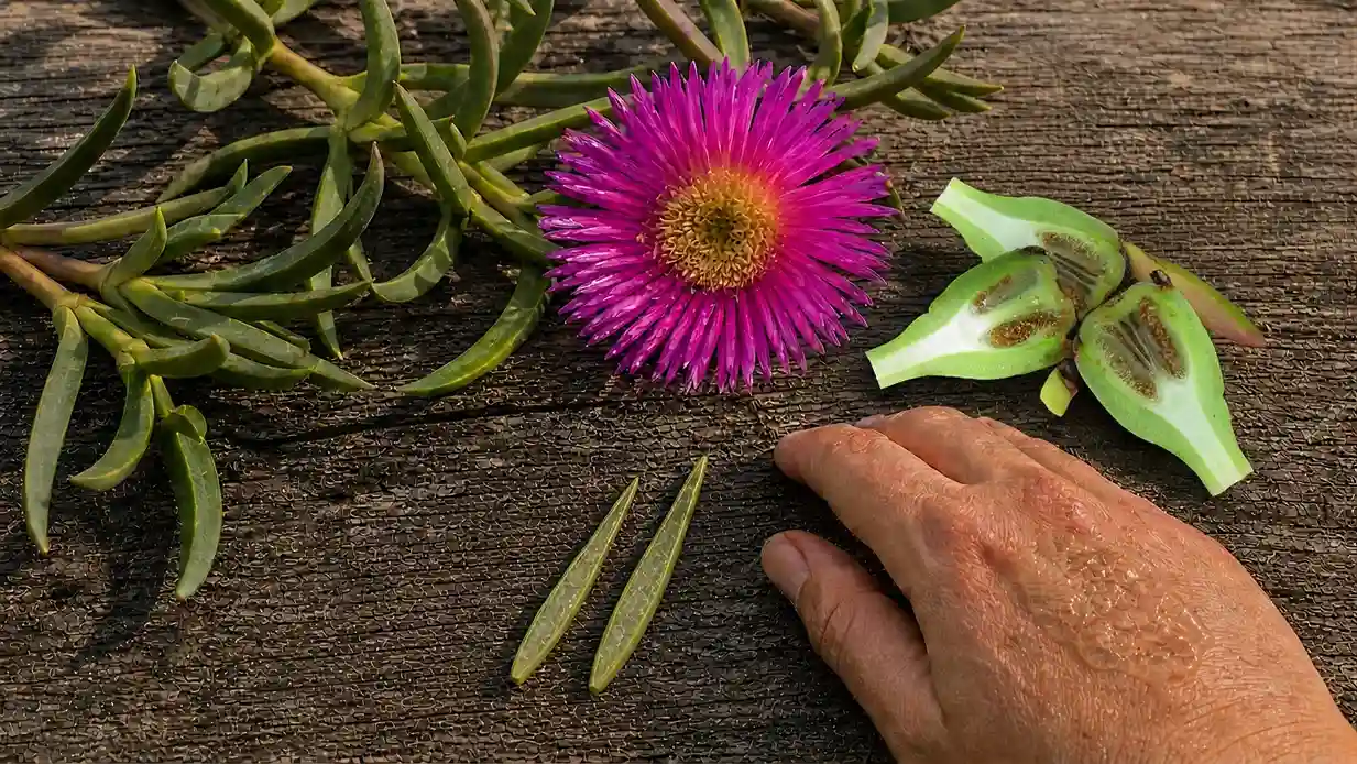 Griffe de sorcière pulpe fraîche et fruits — usages traditionnels de Carpobrotus edulis Feuille de griffe de sorcière fendue révélant sa pulpe gélatineuse, fruits mûrs en forme de figue et application cutanée fraîche — usages traditionnels de Carpobrotus edulis