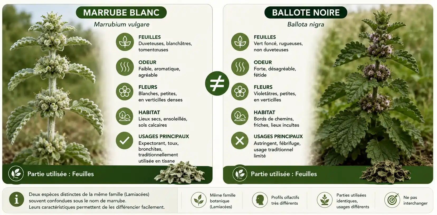 Marrube blanc vs ballote noire — deux plantes distinctes à ne pas confondre Comparaison entre le marrube blanc (Marrubium vulgare, feuilles duveteuses blanchâtres) et la ballote noire (Ballota nigra, feuilles vert foncé à odeur désagréable) — deux plantes différentes souvent confondues sous le nom de marrube