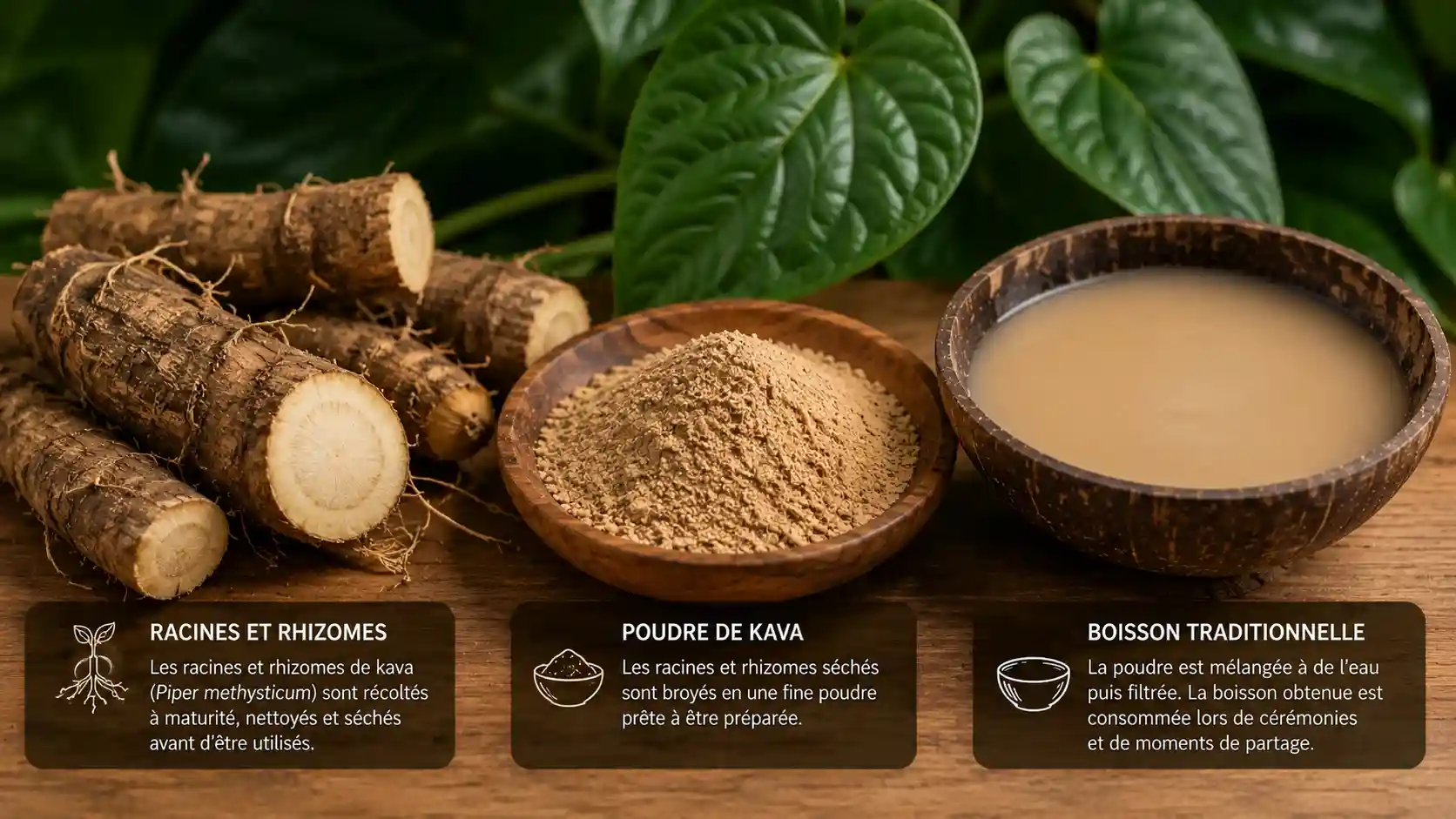 Kava Piper methysticum racine, poudre et boisson traditionnelle Racines de kava séchées, poudre et boisson traditionnelle de Piper methysticum