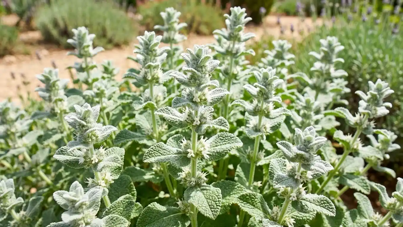Marrube blanc Marrubium vulgare — bienfaits, toux et propriétés médicinales Marrube blanc (Marrubium vulgare) : feuilles rondes et gaufrées recouvertes d'un fin duvet blanchâtre, petites fleurs blanches en verticilles épineux — plante médicinale traditionnelle des voies respiratoires