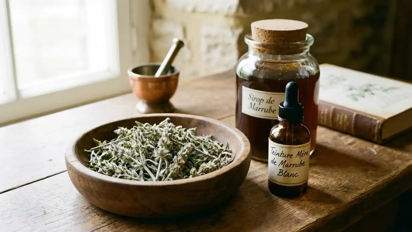Marrube blanc séché, sirop et teinture mère — formes et posologie pour la toux Marrube blanc séché dans un bol en bois, sirop antitussif traditionnel et flacon de teinture mère — formes médicinales de Marrubium vulgare pour la toux et la digestion