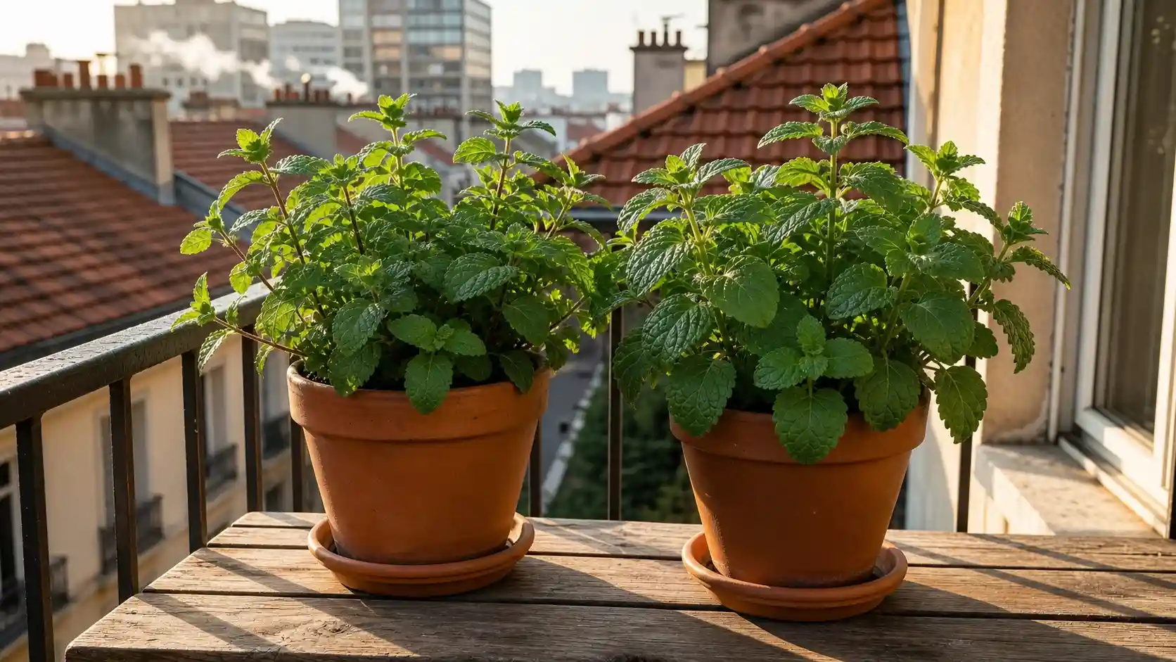 Menthe et mélisse en pot sur un balcon : deux plantes tisanières faciles à cultiver en ville Pots de menthe et de mélisse installés sur un balcon ensoleillé, deux plantes tisanières faciles à cultiver en ville