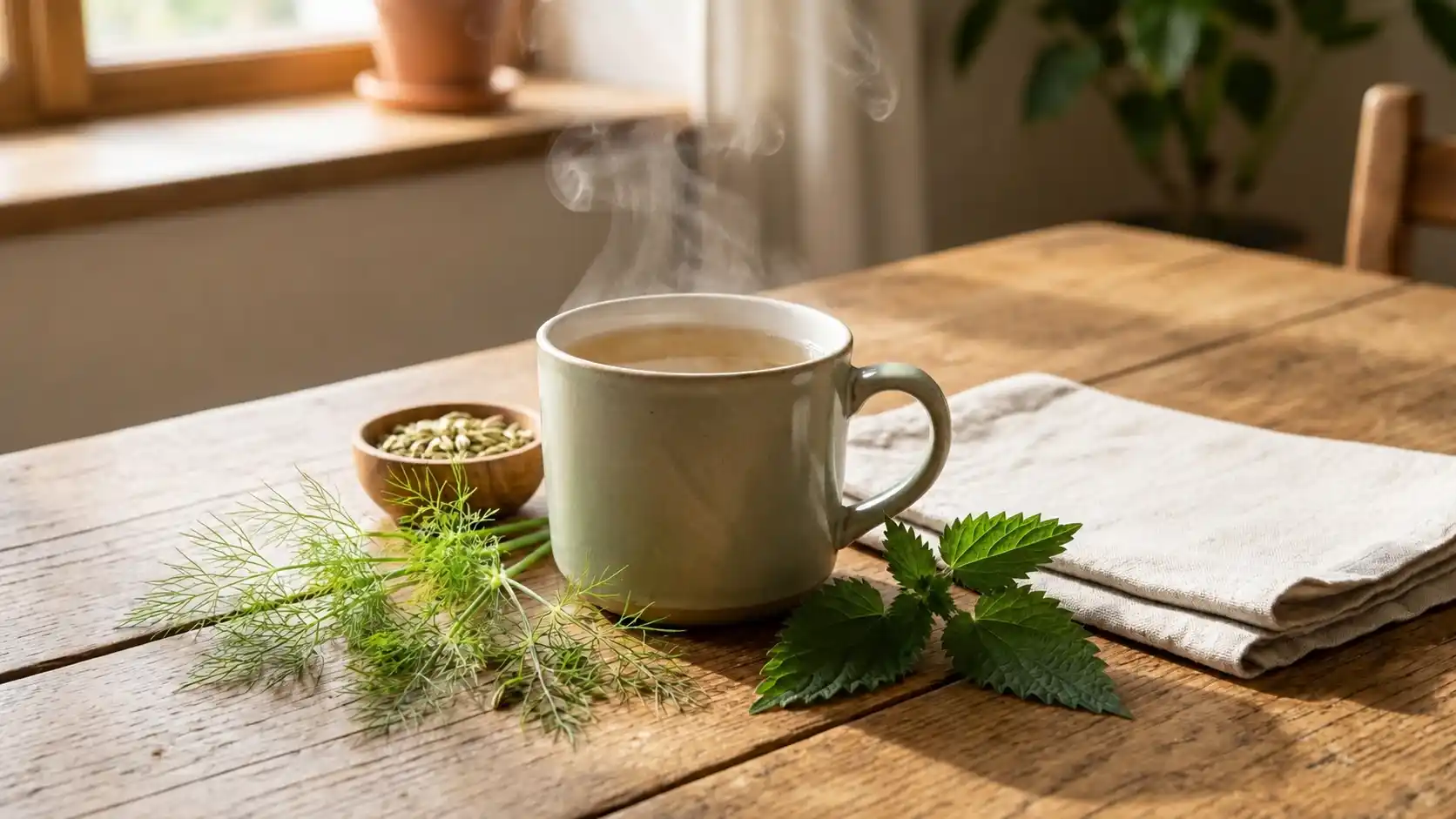 Phytothérapie et allaitement : quelles plantes sont compatibles et lesquelles sont à éviter Phytothérapie et allaitement : tasse d'infusion de fenouil et ortie sur une table en bois, plantes compatibles avec l'allaitement maternel