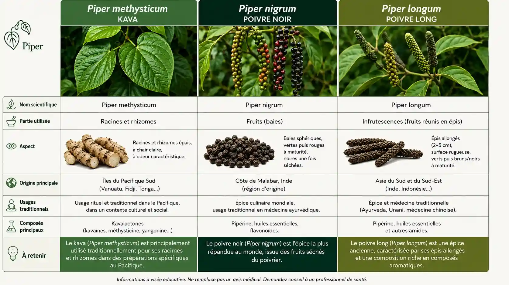 Piper methysticum, Piper nigrum et Piper longum — différences entre trois Pipéracées Comparaison de Piper methysticum, Piper nigrum et Piper longum : kava, poivre noir et poivre long