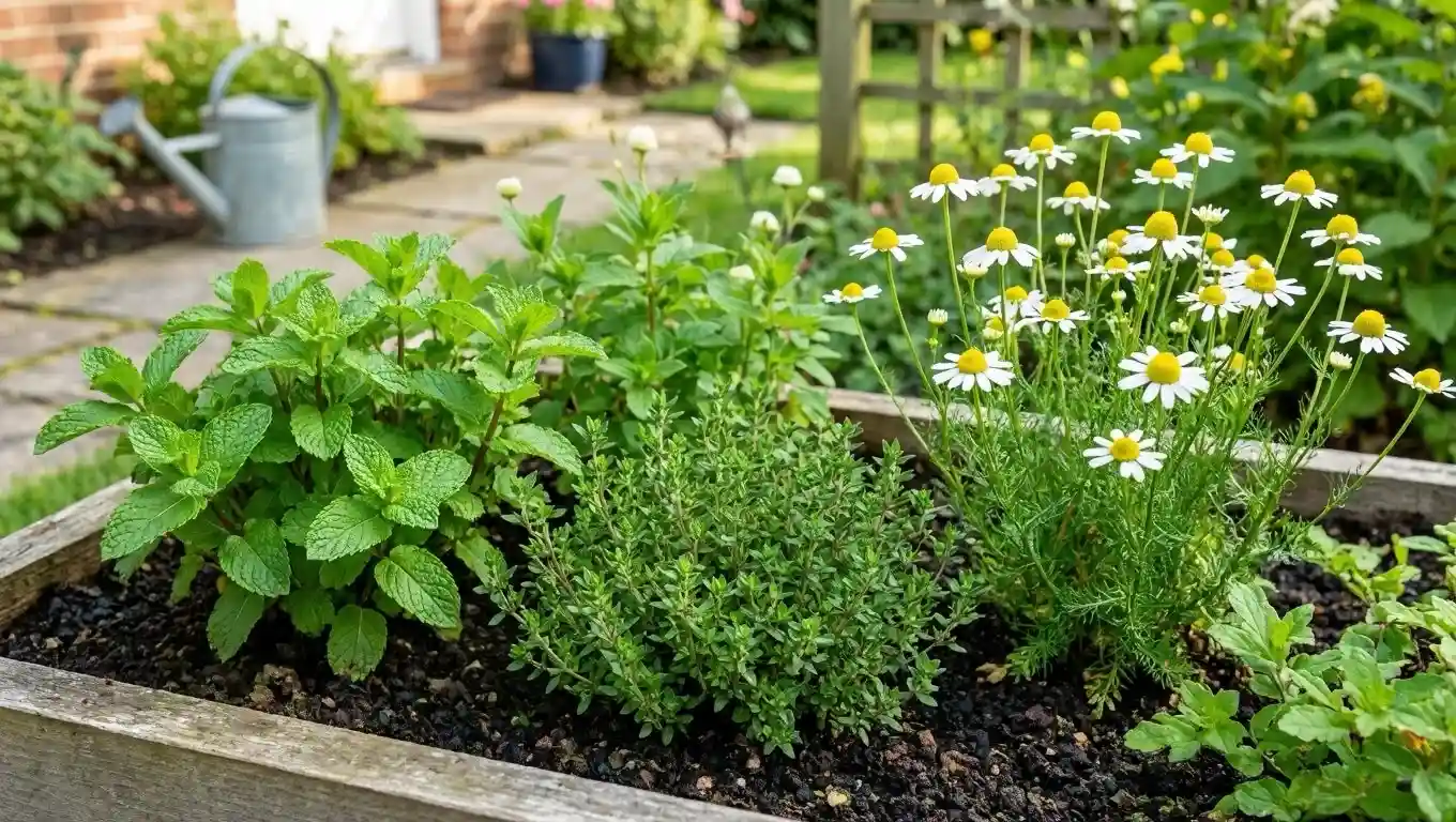Plantes tisanières faciles à cultiver : un petit espace suffit pour commencer Petit jardin d'aromatiques avec menthe, thym et camomille poussant côte à côte, exemple de plantes tisanières faciles à cultiver