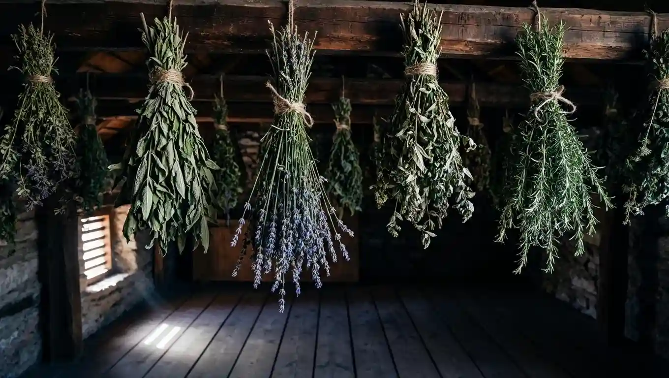 Récolte et séchage des plantes tisanières : bouquets suspendus dans un endroit sombre et ventilé Bouquets de plantes tisanières suspendus tête en bas pour sécher dans un endroit sombre et ventilé