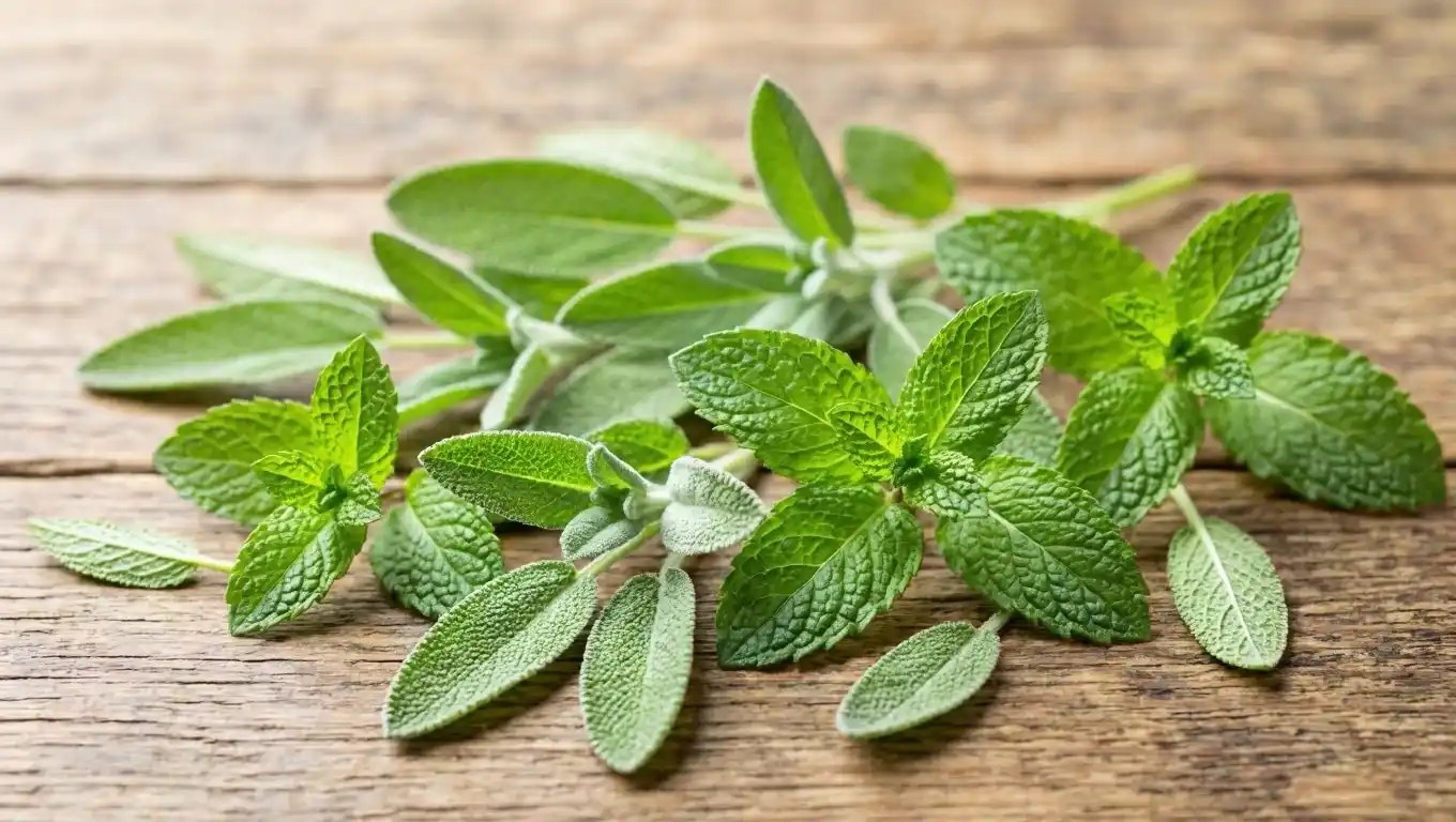 Sauge officinale et menthe poivrée : les plantes tarissantes pour arrêter l'allaitement Feuilles de sauge officinale fraîches et feuilles de menthe poivrée disposées sur une surface naturelle, deux plantes utilisées pour arrêter l'allaitement naturellement