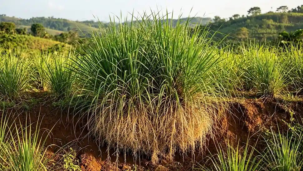 Vétiver Chrysopogon zizanioides — bienfaits, huile essentielle et propriétés médicinales Vétiver (Chrysopogon zizanioides) : grande graminée touffue aux longues feuilles fines et système racinaire profond et dense, cultivée pour son huile essentielle apaisante et son usage anti-érosion