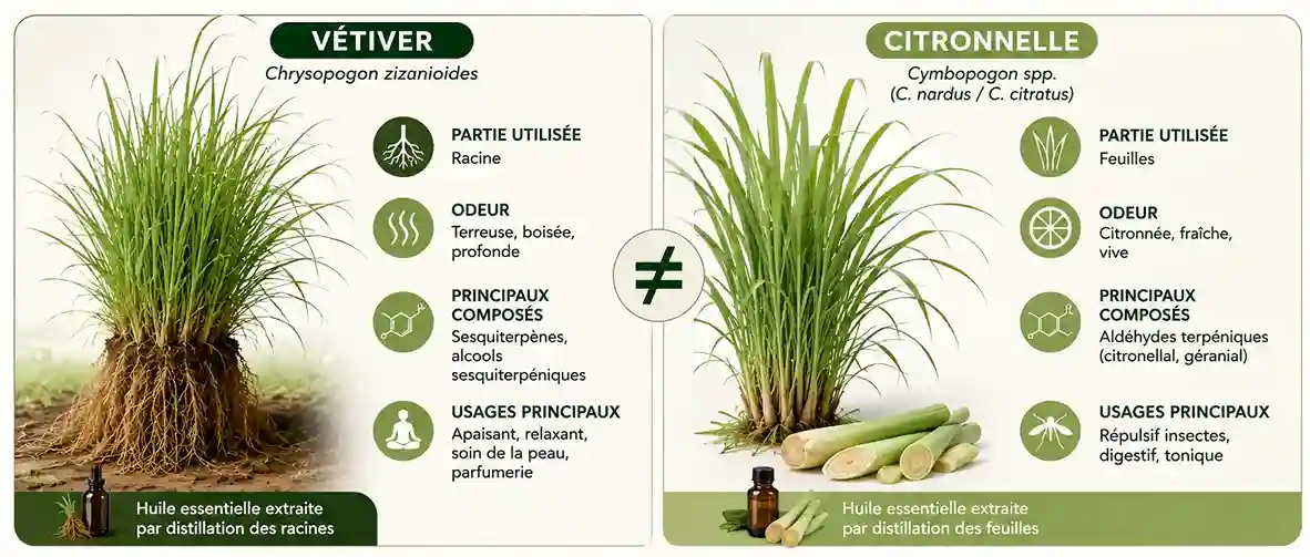 Vétiver vs citronnelle — deux graminées aromatiques aux parties utilisées et usages distincts Comparaison entre le vétiver (Chrysopogon zizanioides, racines aromatiques) et la citronnelle (Cymbopogon nardus, feuilles aromatiques) — deux graminées de la même famille aux usages différents