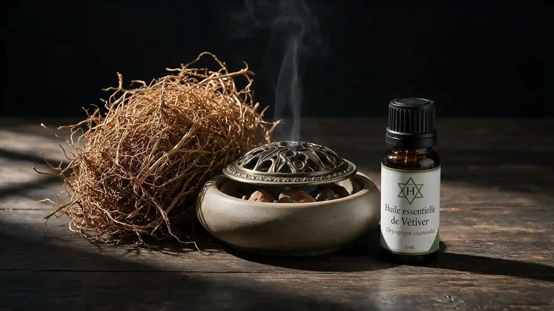 Vétiver huile essentielle et racines séchées — formes et posologie pour l'apaisement Flacon d'huile essentielle de vétiver visqueuse et racines séchées de Chrysopogon zizanioides — formes traditionnelles pour l'apaisement nerveux et la circulation veineuse