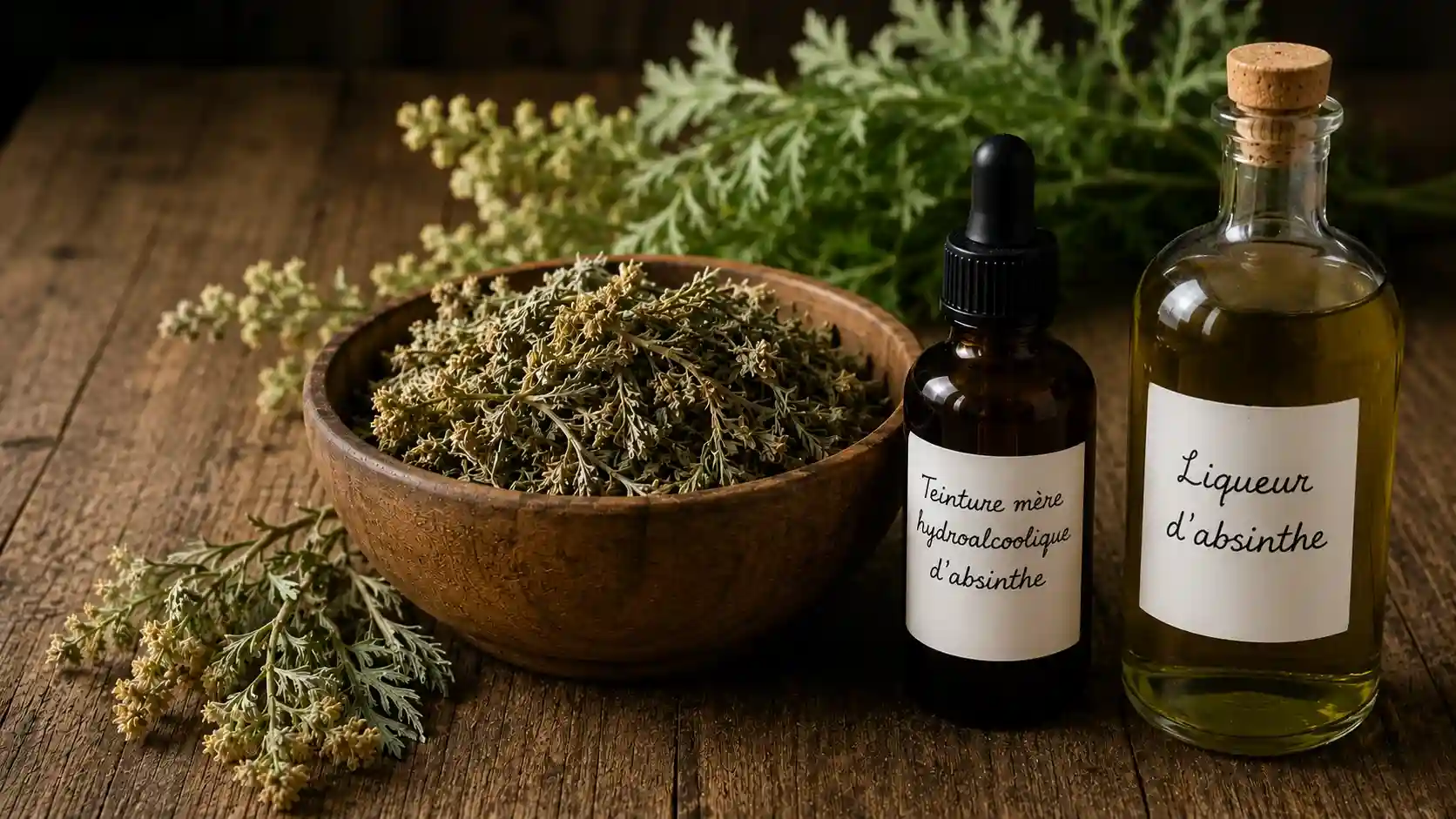 Absinthe séchée et teinture mère — formes et posologie pour la digestion Absinthe séchée dans un bol en bois, flacon de teinture mère et liqueur d’absinthe — formes médicinales d'Artemisia absinthium pour la digestion et l'appétit