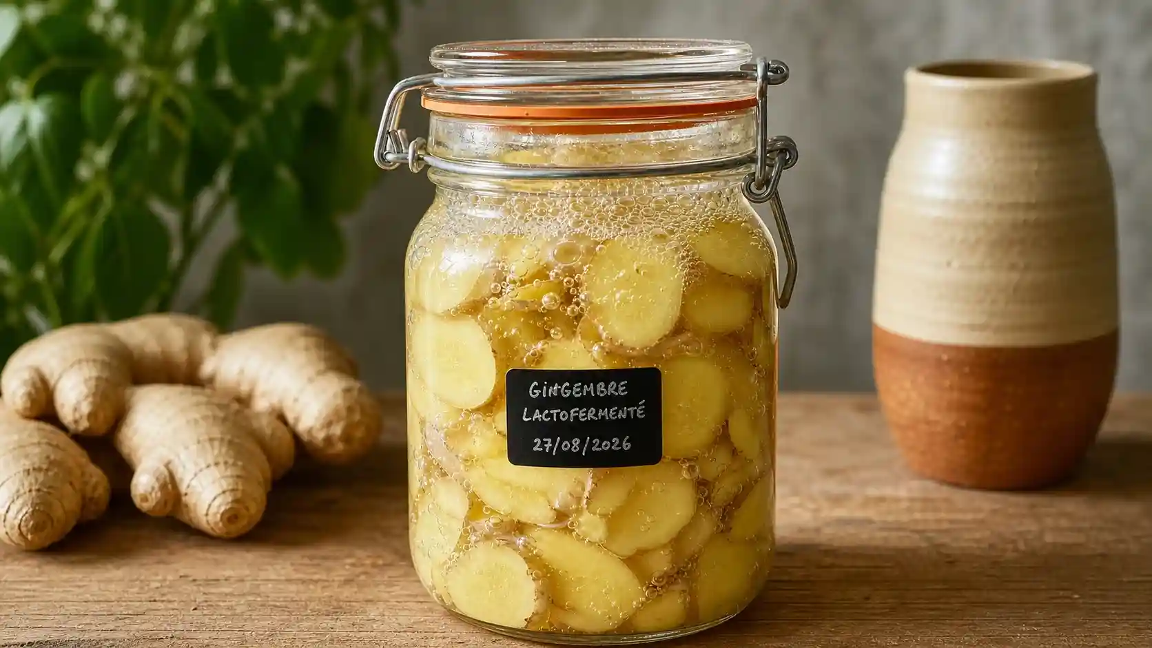 Signes d'une lactofermentation réussie : bulles, saumure trouble, odeur acidulée Bocal de légumes en cours de lactofermentation avec des bulles visibles témoignant d'une fermentation lactique active