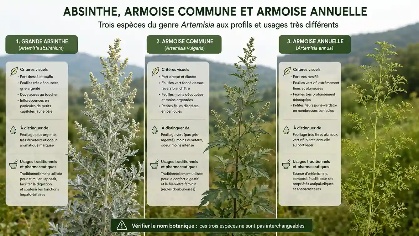 Absinthe vs armoise commune vs armoise annuelle — trois espèces d'Artemisia à ne pas confondre Comparaison entre l'absinthe (Artemisia absinthium, feuillage argenté), l'armoise commune (Artemisia vulgaris, feuillage vert foncé) et l'armoise annuelle (Artemisia annua, feuillage fin) — trois espèces du genre Artemisia aux usages très différents
