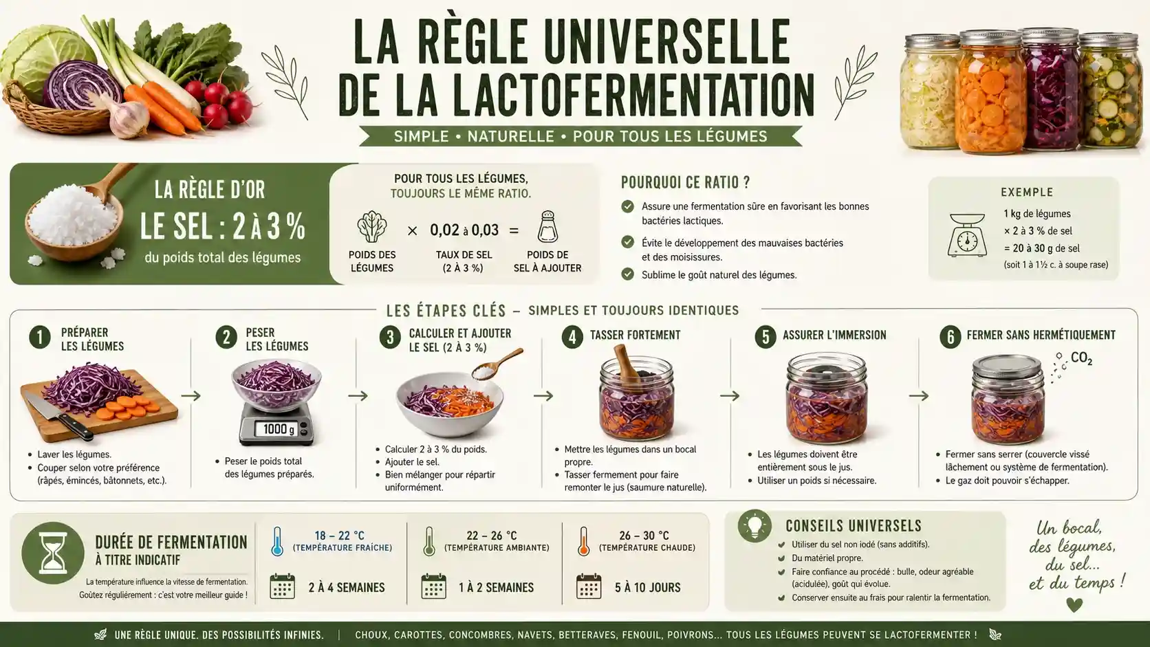 La règle universelle de la lactofermentation : un seul ratio pour tous les légumes Infographie présentant la règle universelle de la lactofermentation : ratio de sel de 2 à 3 pour cent, étapes de préparation et durée de fermentation applicables à tout légume