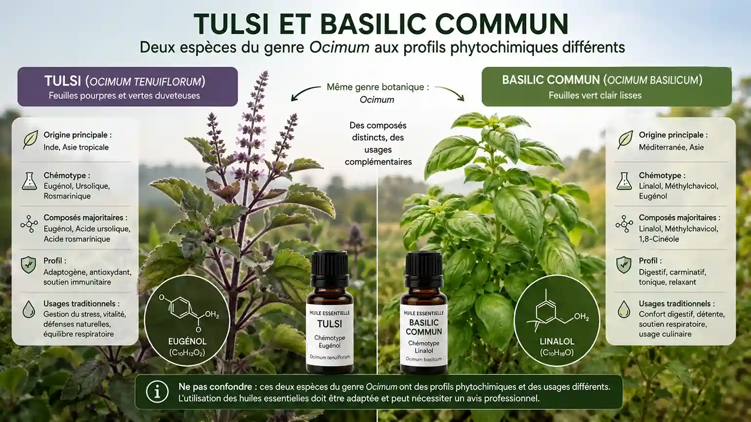 Tulsi vs basilic commun — deux Ocimum aux usages et compositions distincts Comparaison entre le tulsi (Ocimum tenuiflorum, feuilles pourpres et vertes duveteuses) et le basilic commun (Ocimum basilicum, feuilles vert clair lisses) — deux espèces du genre Ocimum aux profils phytochimiques différents