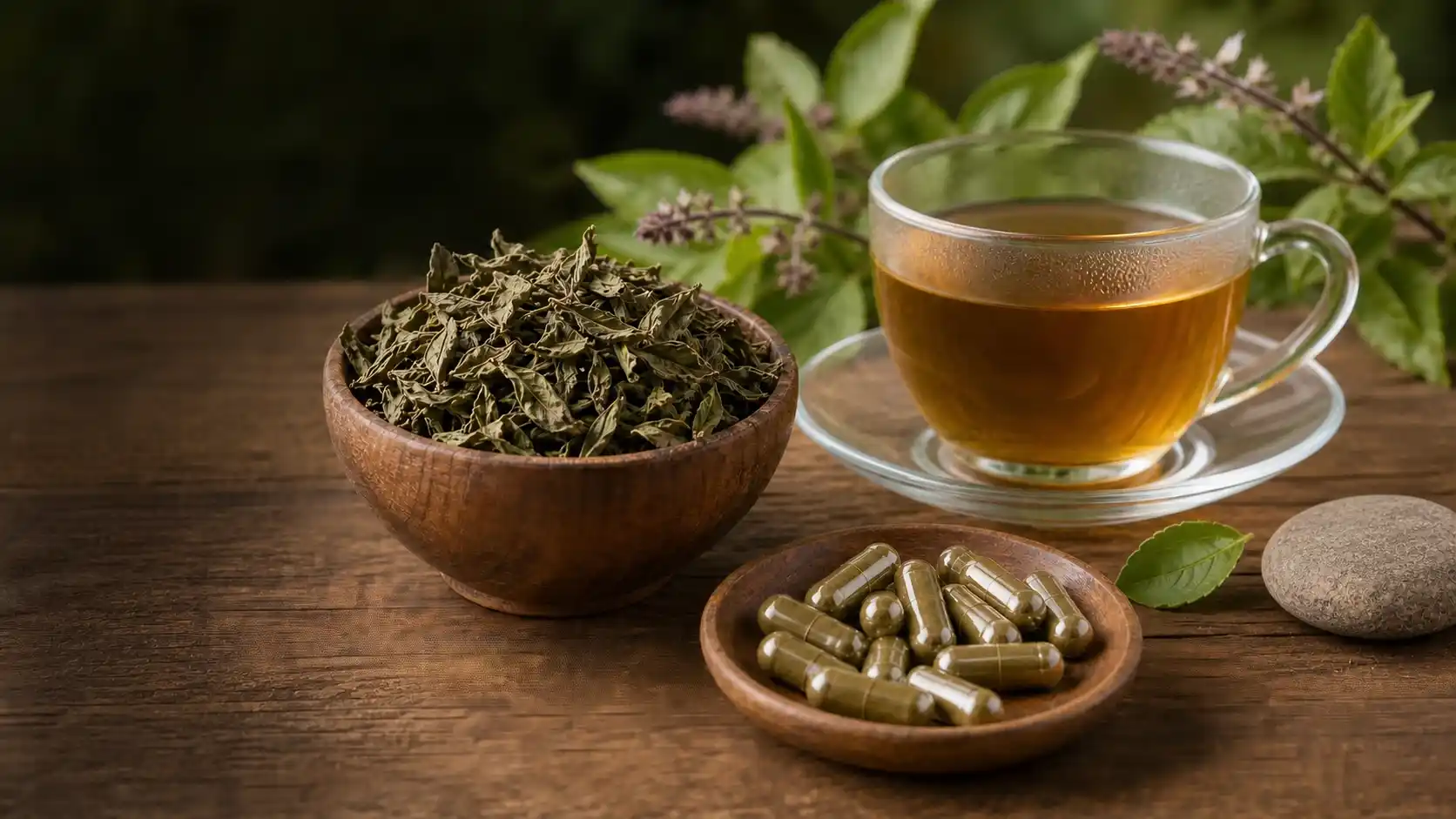 Tulsi feuilles séchées et infusion — formes et posologie pour le stress et la glycémie Feuilles séchées de tulsi dans un bol en bois, infusion en tasse et gélules d'extrait standardisé — formes médicinales d'Ocimum sanctum pour le stress et la glycémie