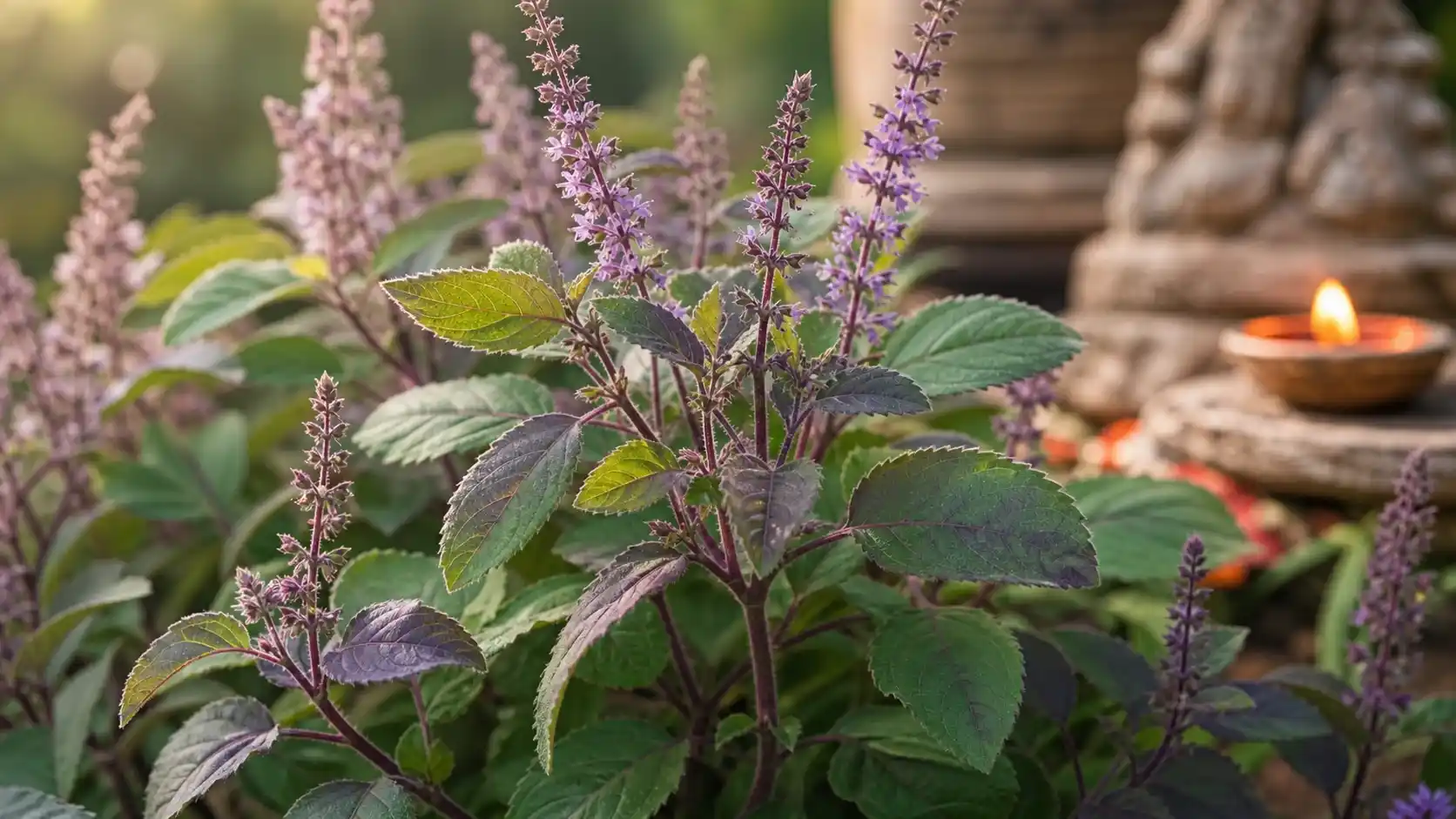 Tulsi Ocimum sanctum — bienfaits, stress et propriétés médicinales Tulsi ou basilic sacré (Ocimum sanctum) : feuilles ovales duveteuses vert et pourpre, petites fleurs mauves en épis — plante médicinale sacrée de la tradition ayurvédique aux propriétés adaptogènes